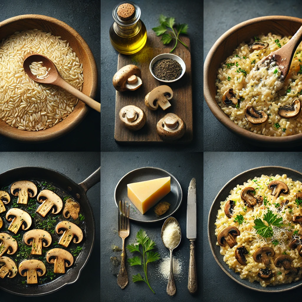 Ingrédients frais pour un risotto crémeux aux champignons : riz Arborio, champignons, parmesan, bouillon et herbes fraîches.