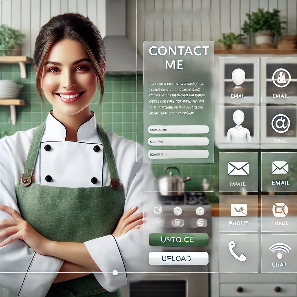 Image de Chef Gustelle souriante dans une cuisine moderne, portant une tenue de chef blanche avec un tablier vert, idéale pour illustrer une page Contactez-moi