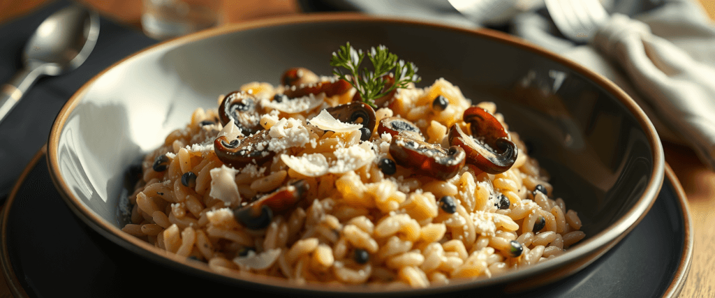 Assiette de risotto crémeux aux champignons garnie de persil frais.