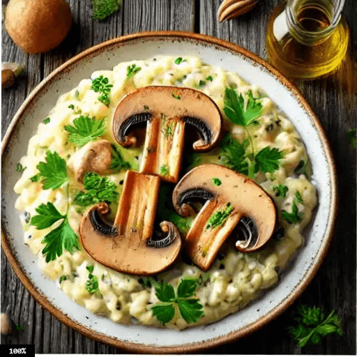 des recettes savoureuses faciles : Risotto crémeux aux champignons servi dans une assiette élégante, garni de persil frais.