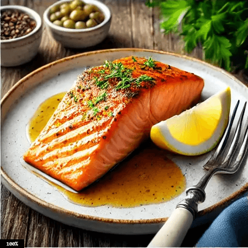 des recettes savoureuses faciles : Filet de saumon grillé nappé d’une sauce miel et citron, servi avec des herbes fraîches.