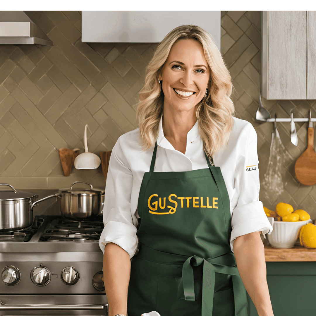 Chef Gustelle partage ses astuces et conseils derrière un plan de travail de cuisine bien garni. dans le cadre de son programme La Cuisine au Quotidien avec Chef Gustelle pour sublimer vos plats au quotidien.