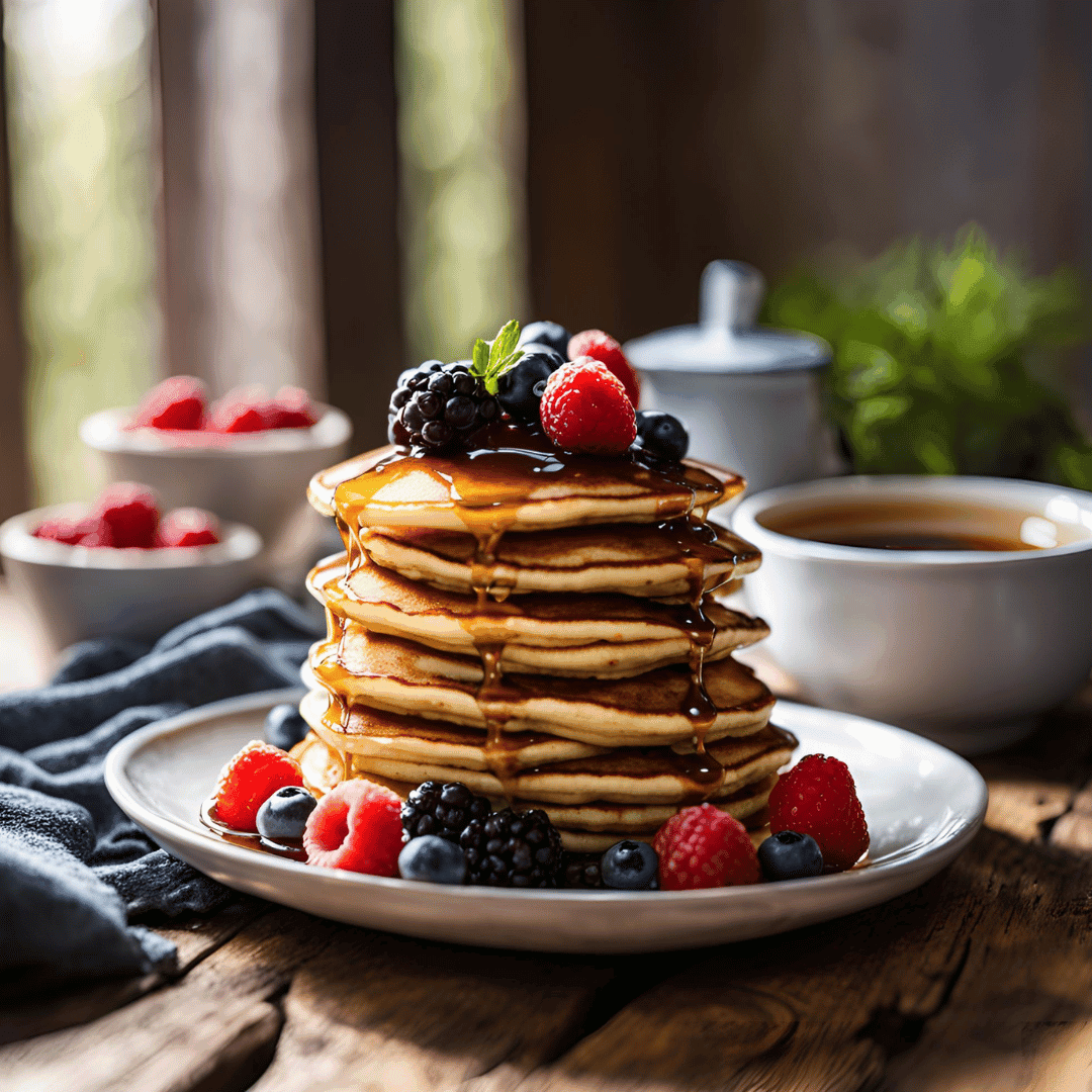 Pancakes gluten free dorés, empilés et garnis de fruits frais et de sirop d'érable. des recettes savoureuses faciles