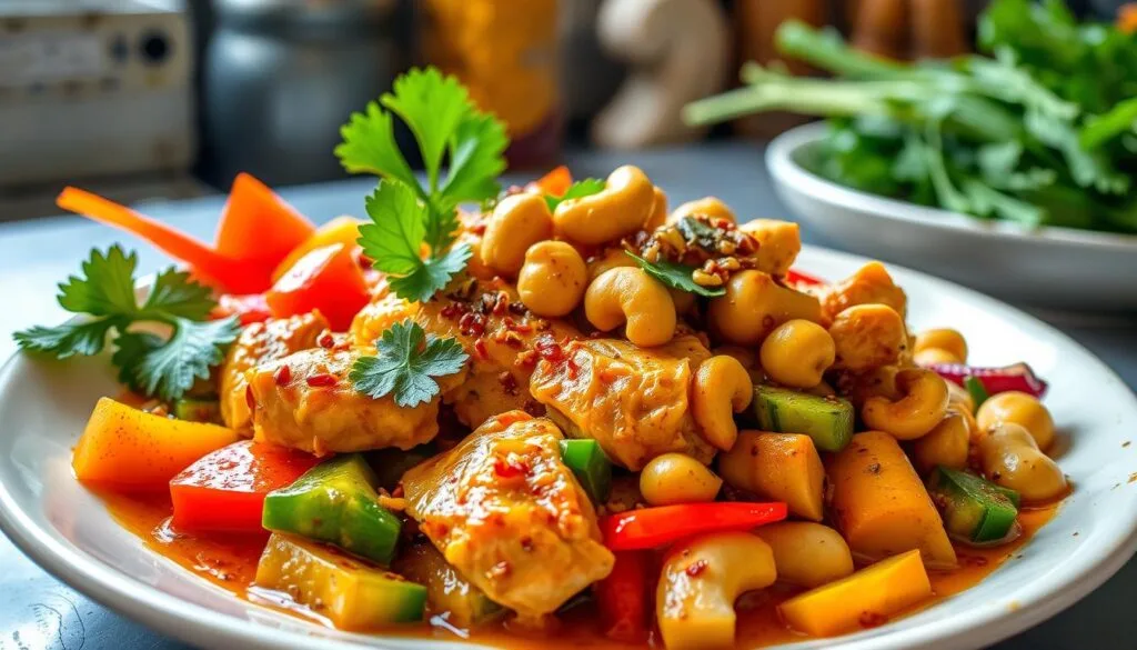 "Poulet aux noix de cajou maison, servi avec riz et légumes sautés."