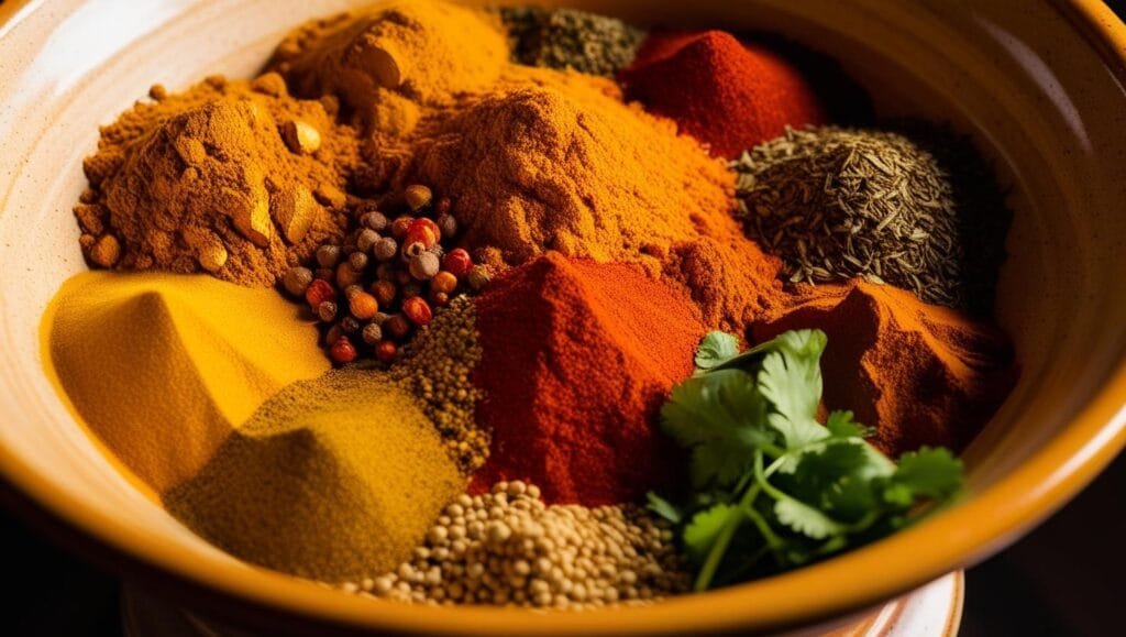 Bol d'épices colorées : paprika, curcuma, curry et herbes aromatiques pour relever vos plats. avec les astuces et conseils du jour du chef Gustelle - séance 11