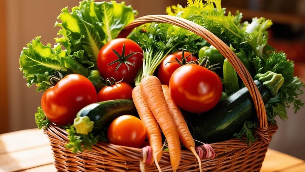 Panier de légumes frais de saison : carottes, tomates, aubergines et herbes aromatiques. conservés selon les astuces et conseils du jour du chef Gustelle - séance 11