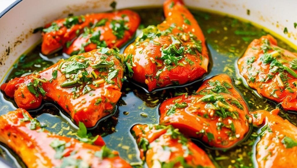 Plat de viande marinée aux herbes et épices, prêt pour la cuisson comme decrit dans les astuces et conseils du jour du chef Gustelle - séance 11