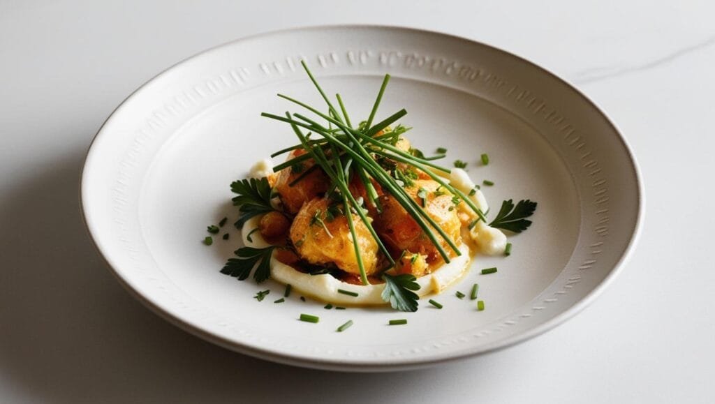 Assiette élégante avec un plat gastronomique garni de fines herbes fraîches. selon les astuces et conseils du jour du chef Gustelle - séance 11