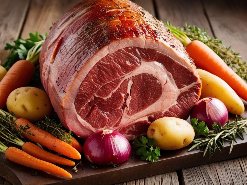 Rôti de bœuf cru prêt à cuire, entouré de légumes frais et d'herbes aromatiques, idéal pour un déjeuner savoureux familial.
