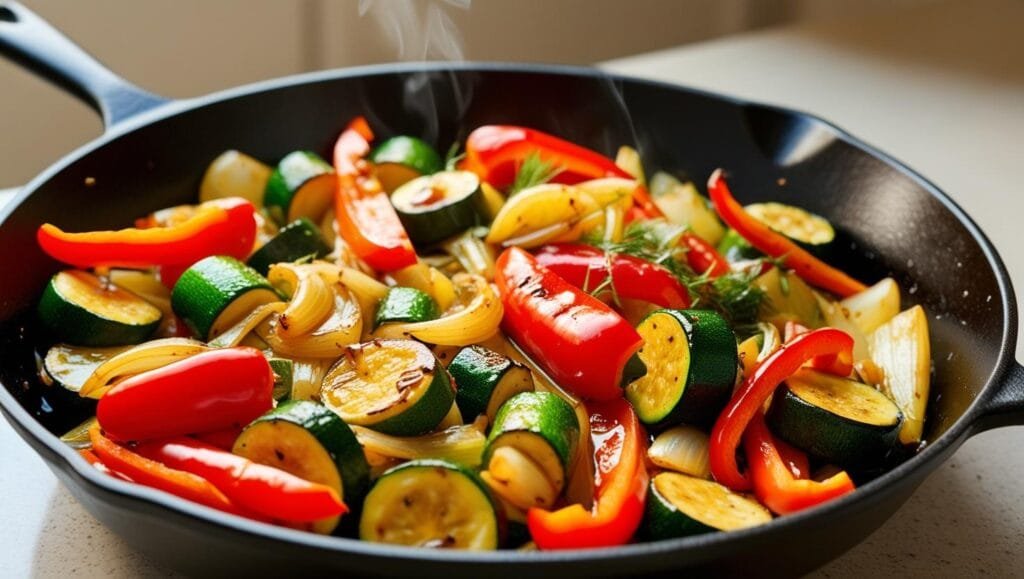 Poêle avec des légumes sautés : poivrons, courgettes, carottes et champignons fraîchement cuits. suivant les astuces et conseils du jour du chef Gustelle - séance 11