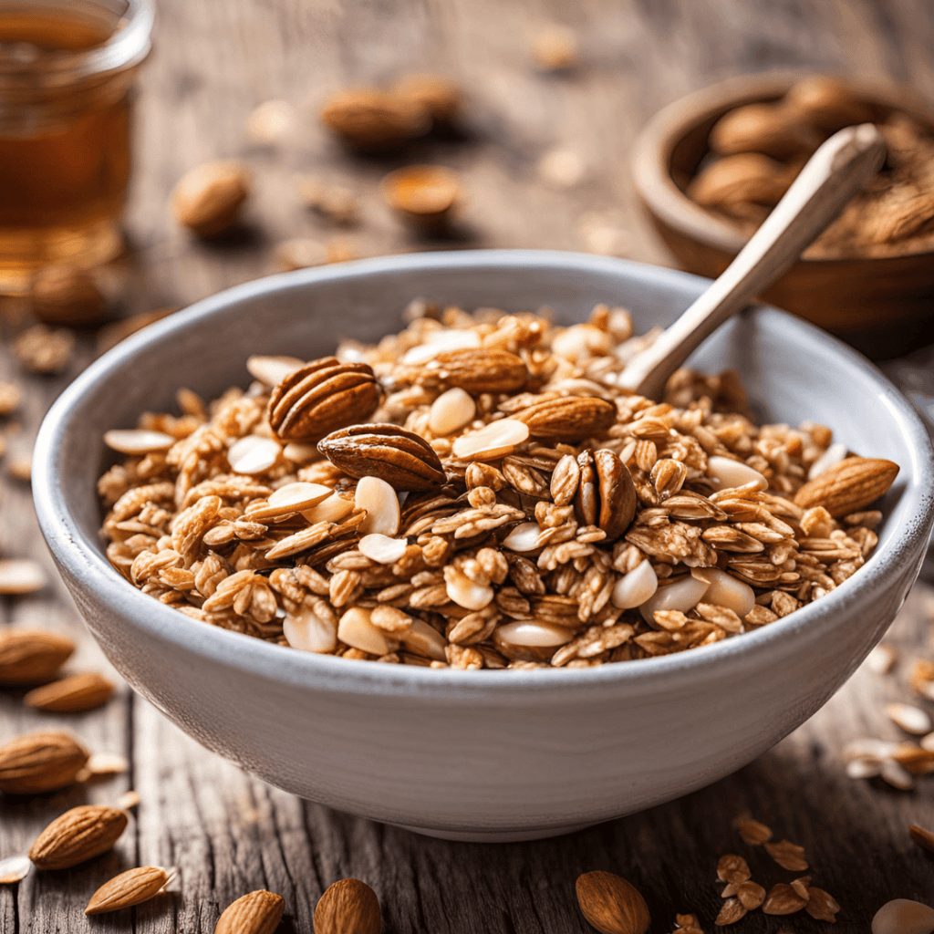 5 Petits Déjeuners Équilibrés : Un bol rempli de granola maison doré, agrémenté d’amandes croquantes et d’un filet de miel.