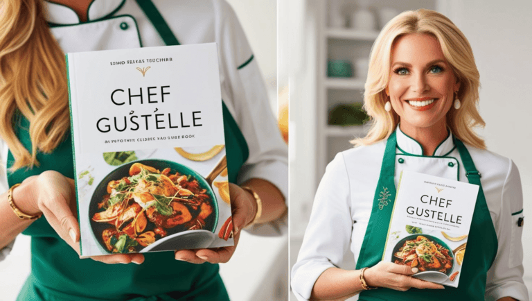 Le Chef Gustelle souriant, tenant fièrement son eBook 'Saveurs Gourmandes' pour inspirer vos créations culinaires lors de la chronique hebdomadaire du Chef Gustelle -3-
