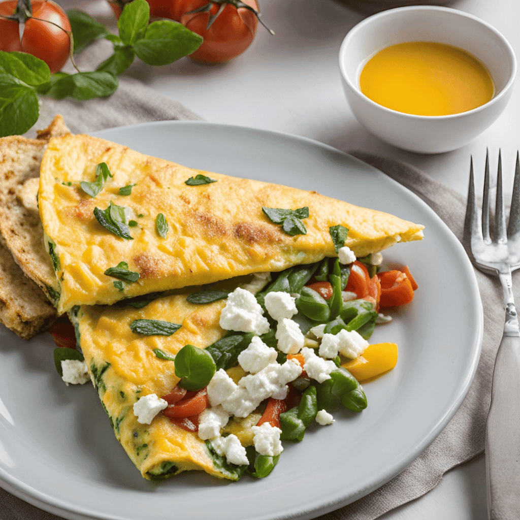 5 Petits Déjeuners Équilibrés : Une omelette dorée garnie de légumes frais et de fromage feta émietté.