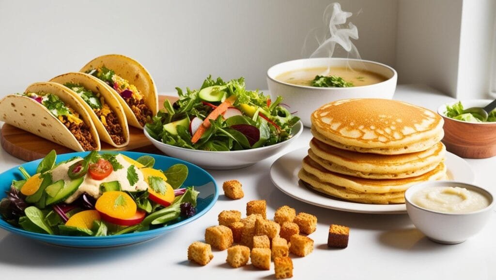 Une sélection de plats faits maison comprenant des tacos express, une salade composée colorée, des galettes croustillantes dorées, une soupe onctueuse et des croûtons maison croquants. suivant les astuces et conseils du jour du chef Gustelle - séance 14