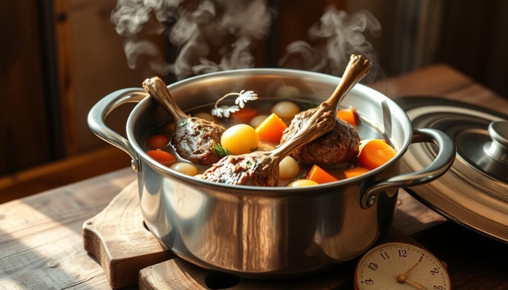 Étape de cuisson du navarin d'agneau aux légumes dans une cocotte Étape de cuisson du navarin d'agneau aux légumes dans une cocotte