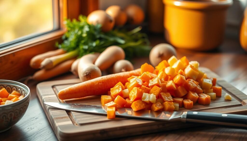 Préparation de carottes et pommes de terre pour ragoût Préparation de carottes et pommes de terre pour ragoût