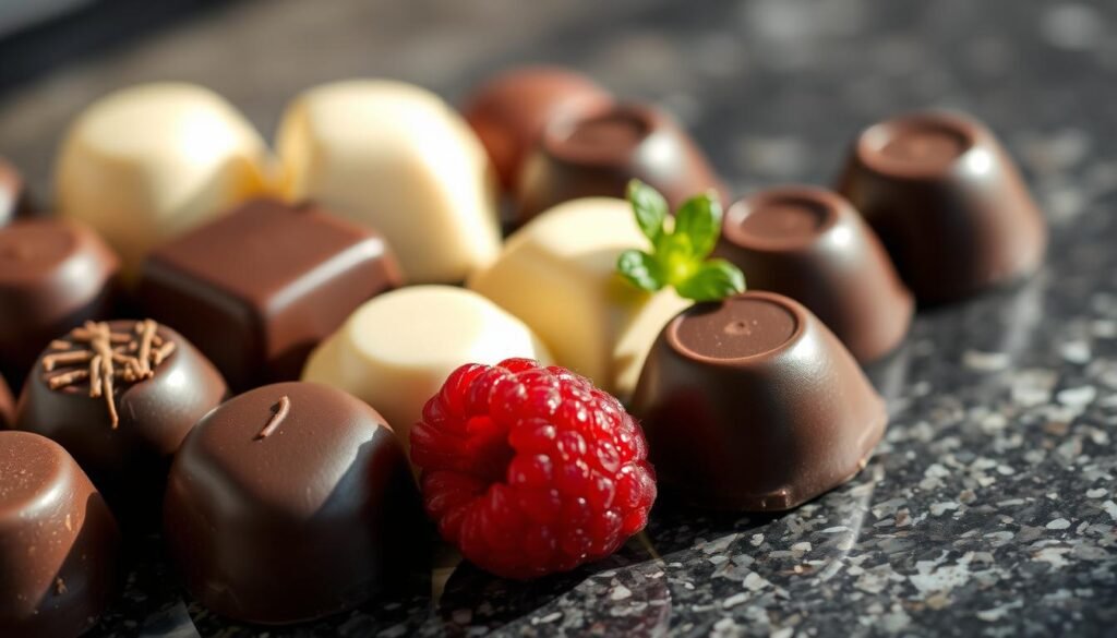 chocolat noir, chocolat au lait, chocolat blanc, framboise entremets aux trois chocolats et mousse de framboise