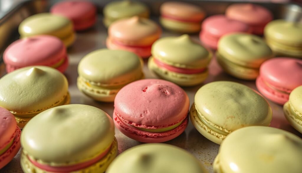 macarons à la pistache et framboise faits maison en train de cuire macarons à la pistache et framboise faits maison en train de cuire