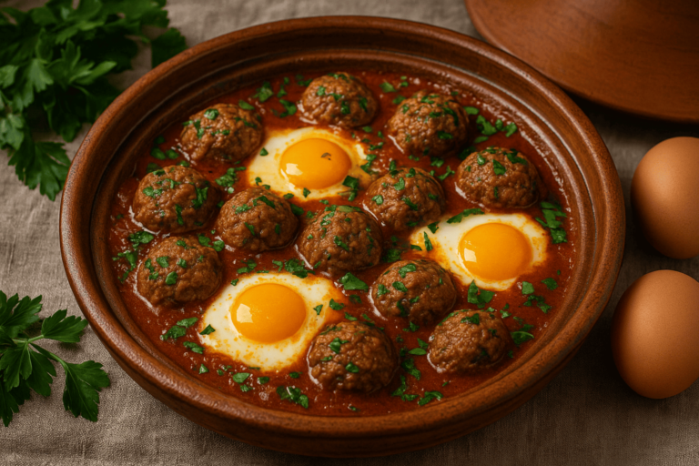 Tajine de kefta aux œufs marocain, servi chaud dans un plat en terre cuite avec sauce tomate et coriandre fraîche